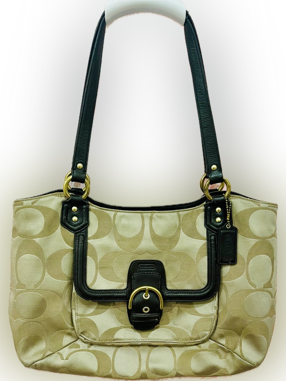 Coach Signature Jacquard Gallery Shoulder Bag F25294 Khaki Brown Leather Trim